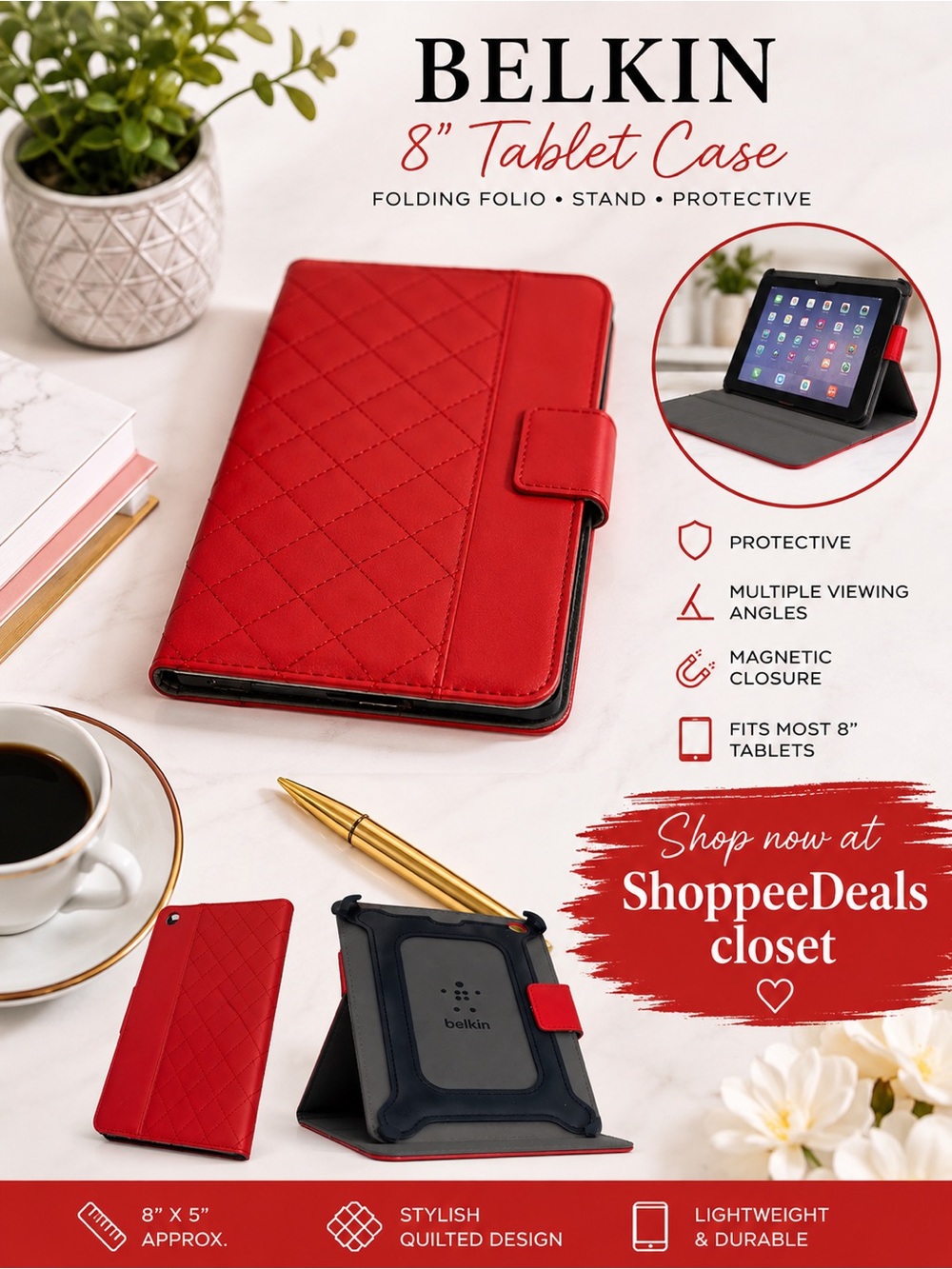 Belkin Red Quilted Universal 8” Tablet Folio Case with Stand